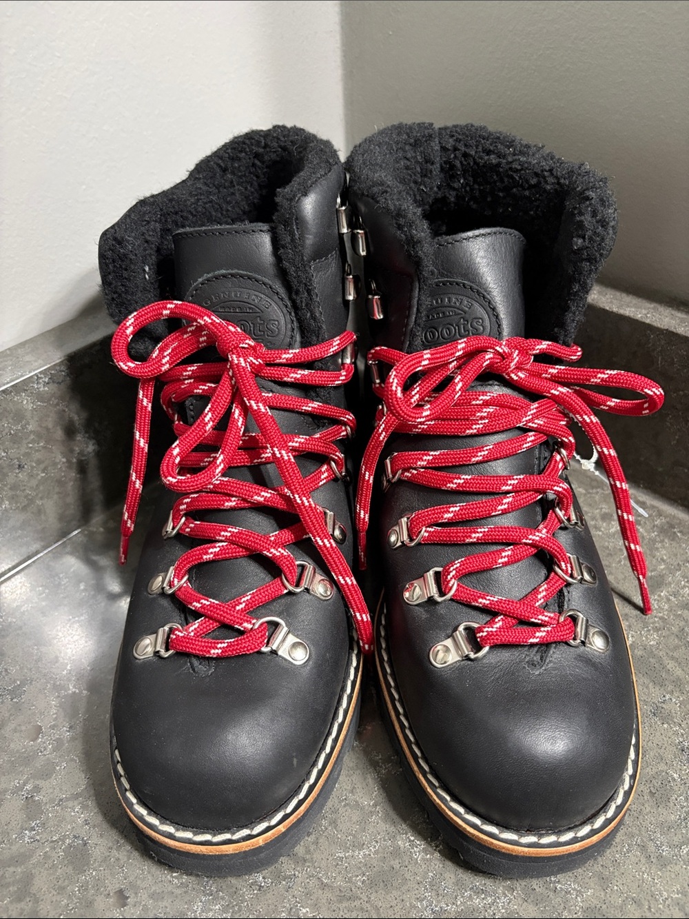 Roots Black Leather Hiker Boots with Red Laces